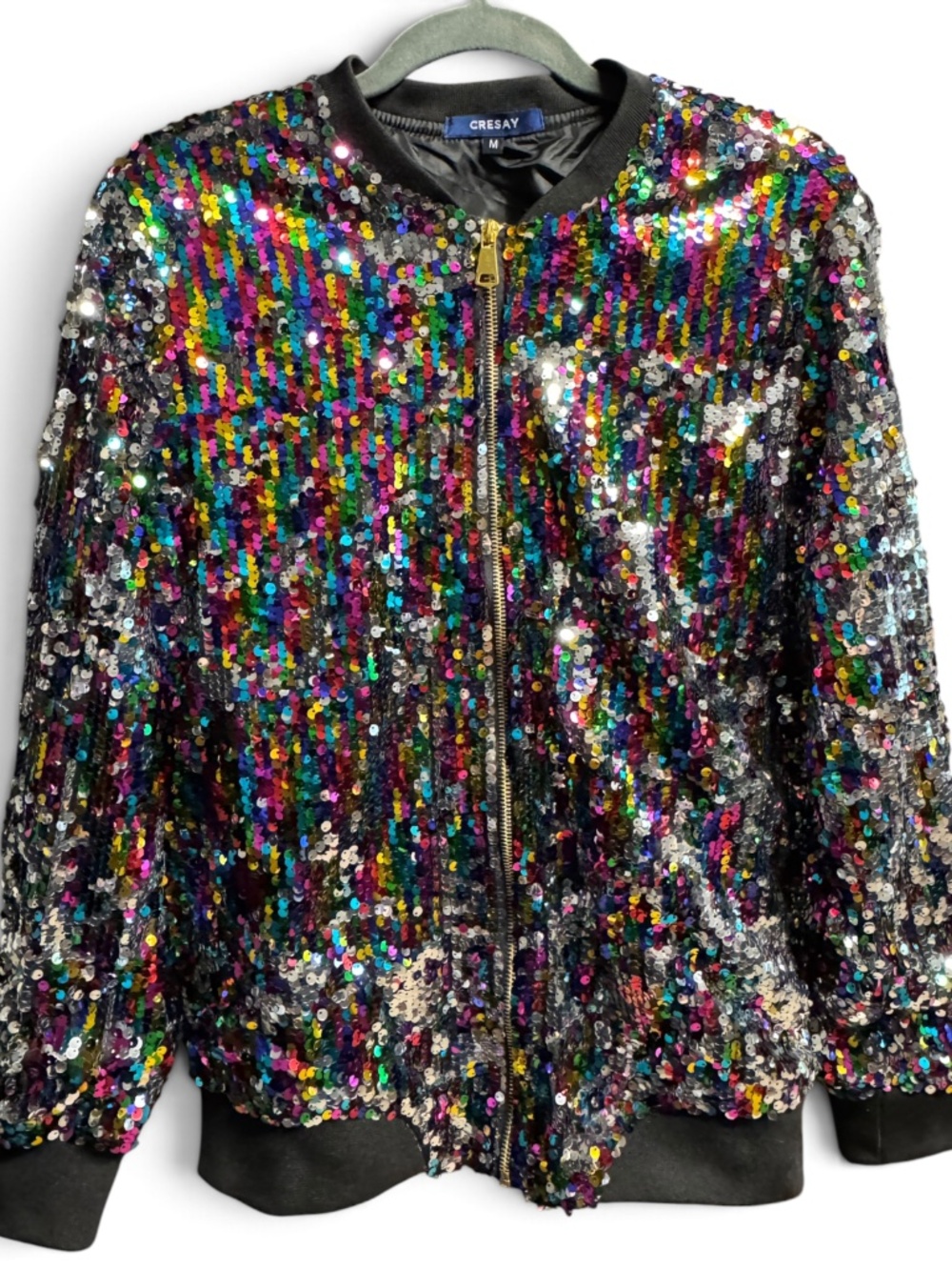 Cresay Rainbow Sequin Bomber Jacket M Multicolor Sparkle Pride Festival